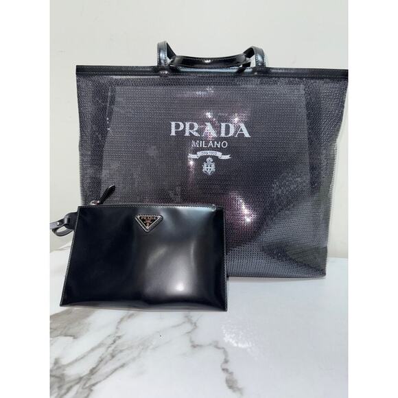 Prada Mesh Logo Tote Set in Black - Picture 1 of 7